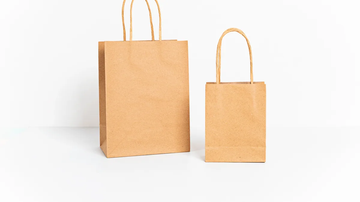 Two brown paper shopping bags with twisted handles